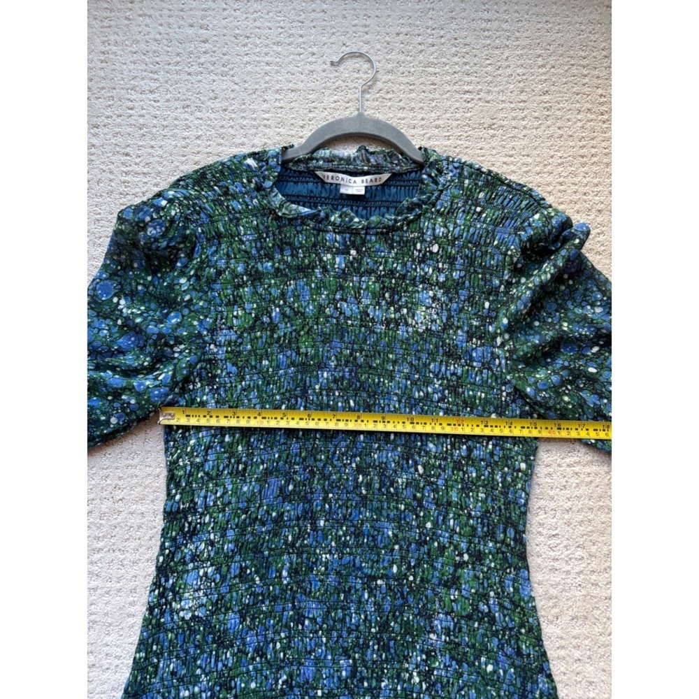 Veronica Beard Farha Mini Dress 10 Blue Green Smocked Botanical Boho - Picture 8 of 8